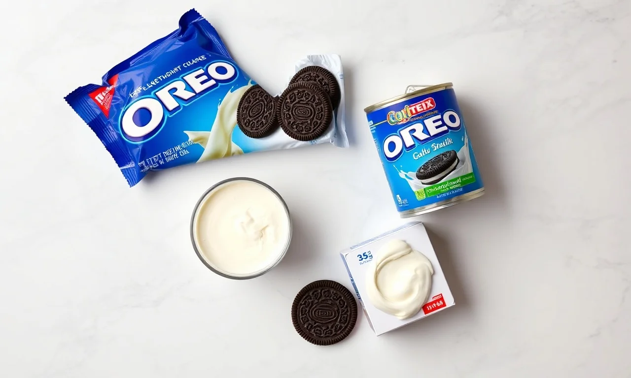 Vista superior dos três ingredientes principais: Oreo, leite condensado e creme de leite.