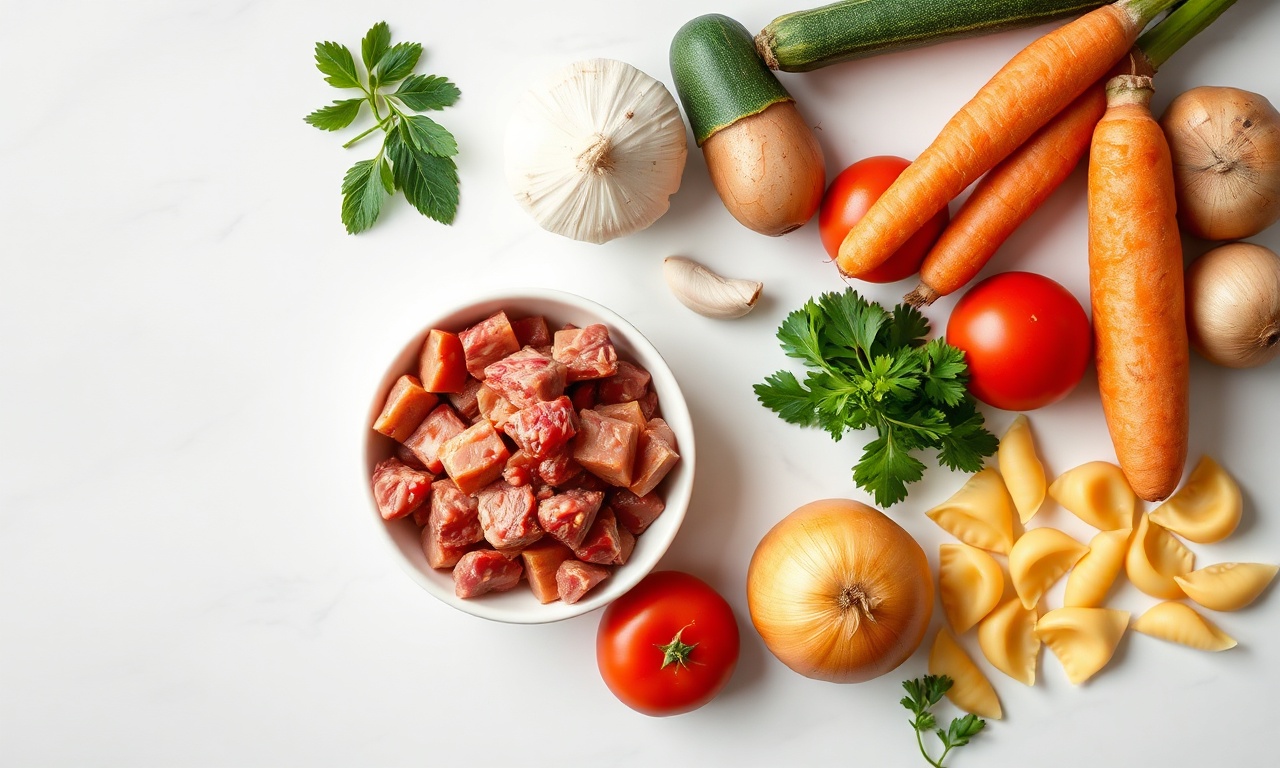 Sopa De Legumes Com Macarrão E Carne Fácil E Reconfortante 4 Vista de cima dos ingredientes crus e organizados.