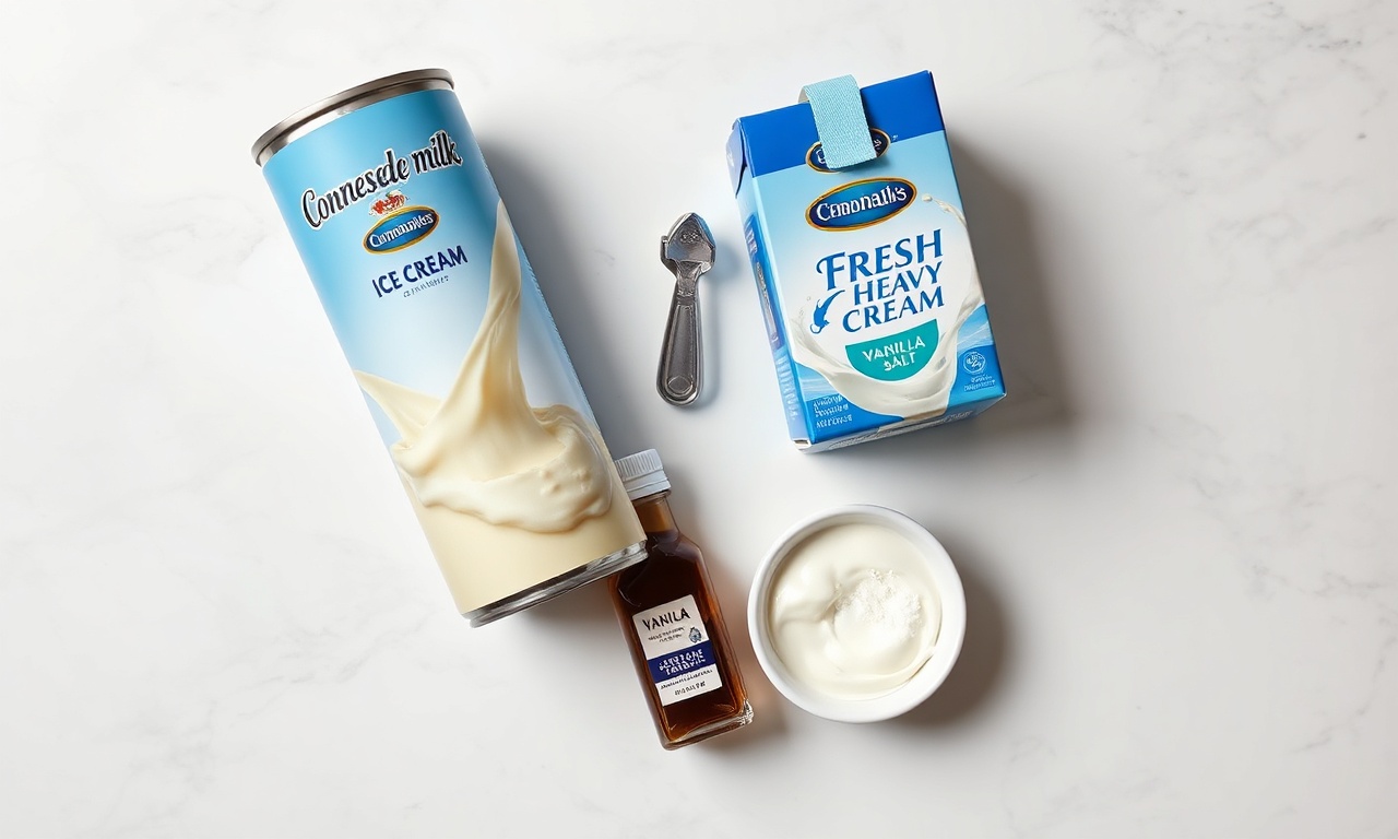 Vista de cima dos ingredientes organizados: leite condensado, creme de leite fresco, essência de baunilha e sal.