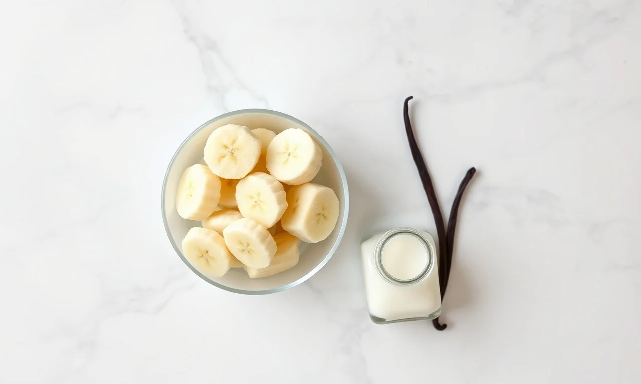 Vista de cima dos 3 ingredientes: bananas congeladas, leite de coco e baunilha.
