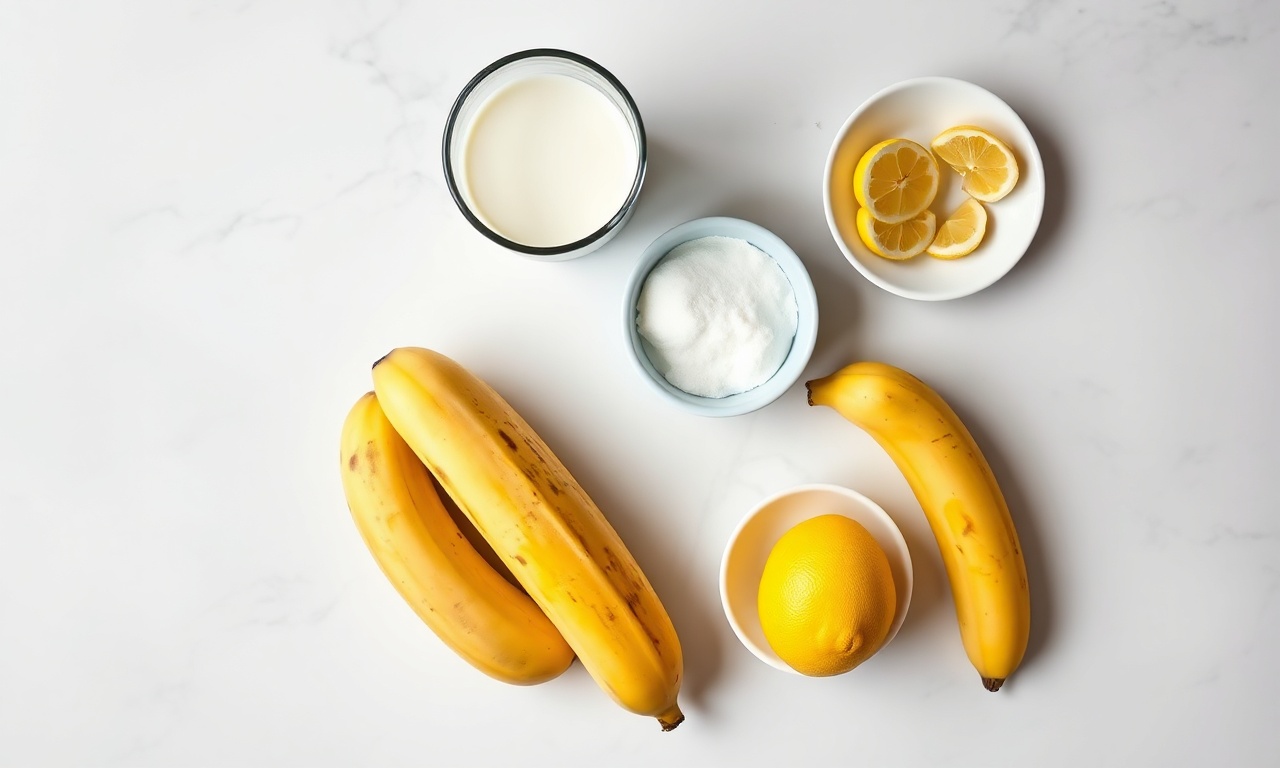 Vista de cima com bananas maduras, leite, creme de leite e limão sobre superfície de mármore.