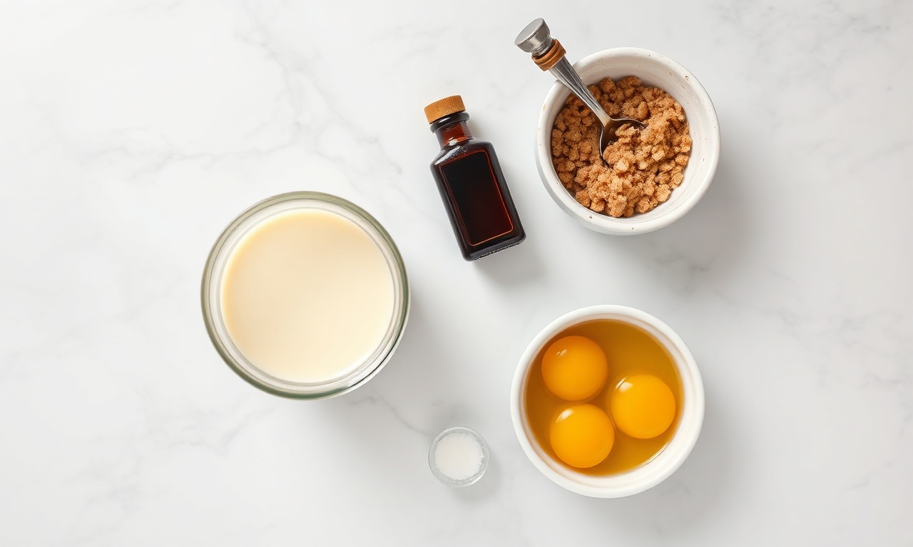 Vista de cima dos ingredientes organizados: leite de castanha de caju, gemas, açúcar mascavo e baunilha.