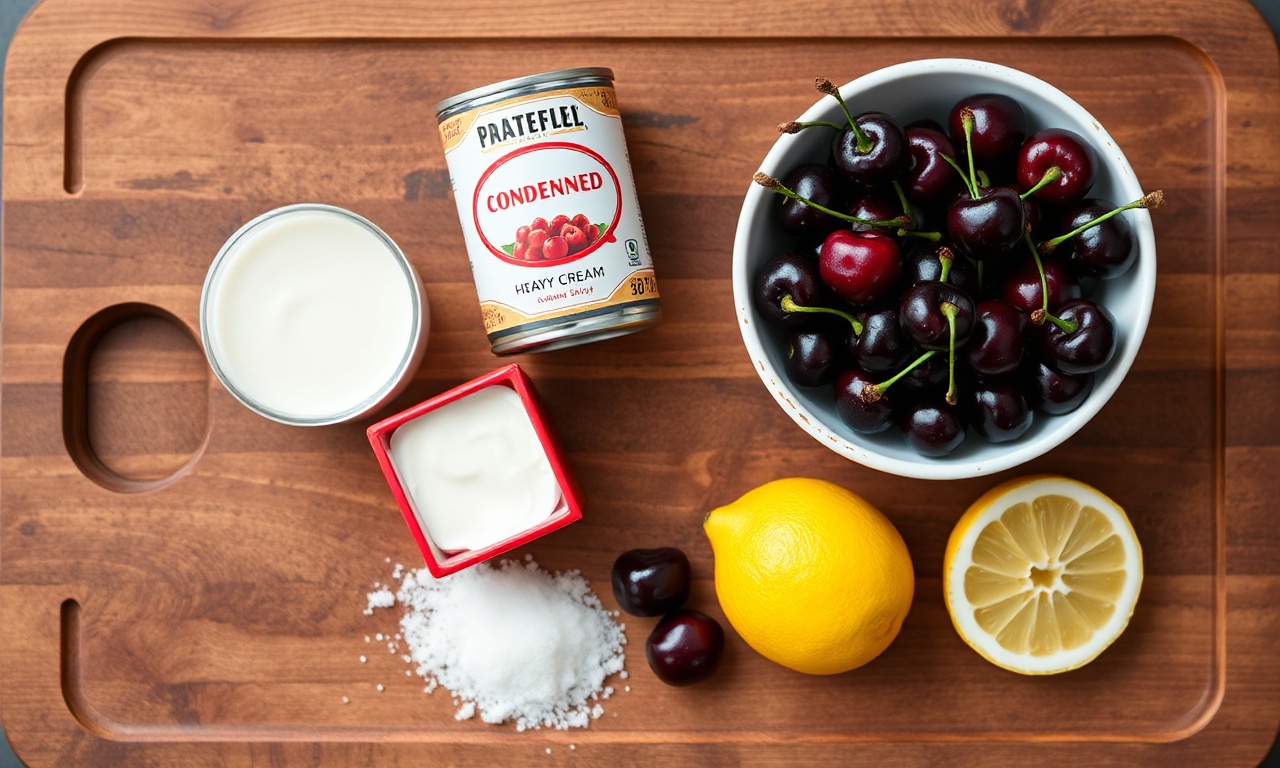 Sorvete De Cereja Caseiro Cremoso Com 5 Ingredientes 4 Vista de cima dos ingredientes frescos e simples, prontos para o preparo.