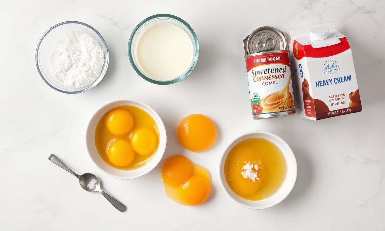 Vista de cima dos ingredientes organizados: açúcar, leite, gemas, leite condensado, creme de leite e flor de sal.