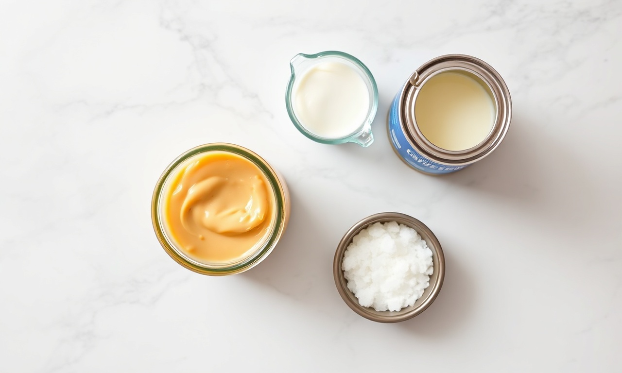 Sorvete De Doce De Leite Caseiro Cremoso: Apenas 4 Ingredientes 4 Vista de cima dos quatro ingredientes organizados sobre superfície clara