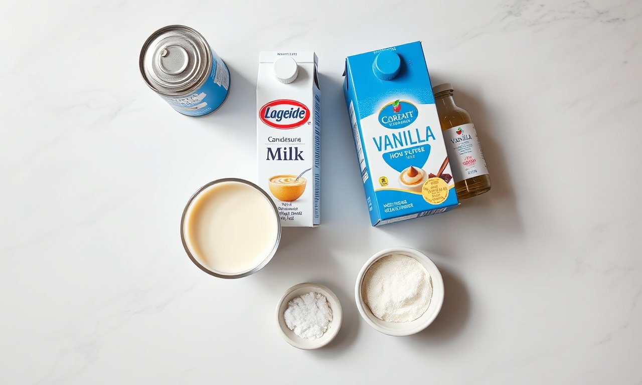 Vista de cima dos cinco ingredientes organizados sobre superfície clara