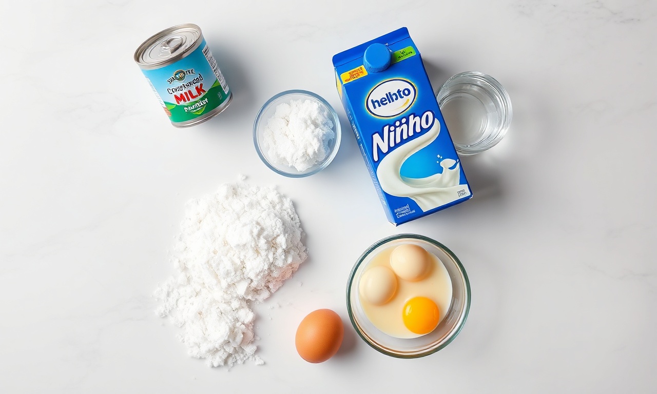 Vista de cima dos ingredientes: leite condensado, Leite Ninho, claras de ovo, açúcar e água.
