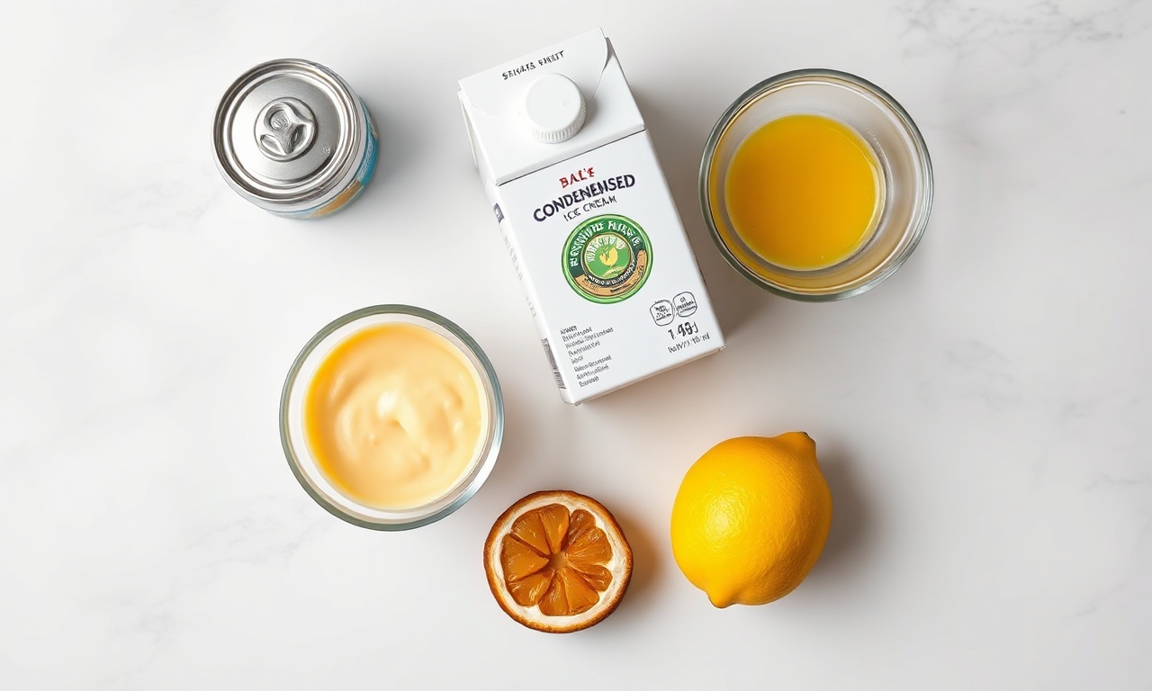Vista de cima dos ingredientes principais: leite condensado, creme de leite, polpa de maracujá e limão.