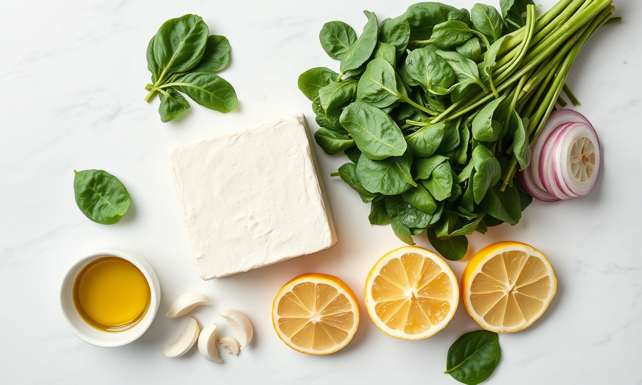 Vista de cima dos ingredientes organizados: espinafre fresco, tofu, massa filo, cebola, alho, limão e azeite.