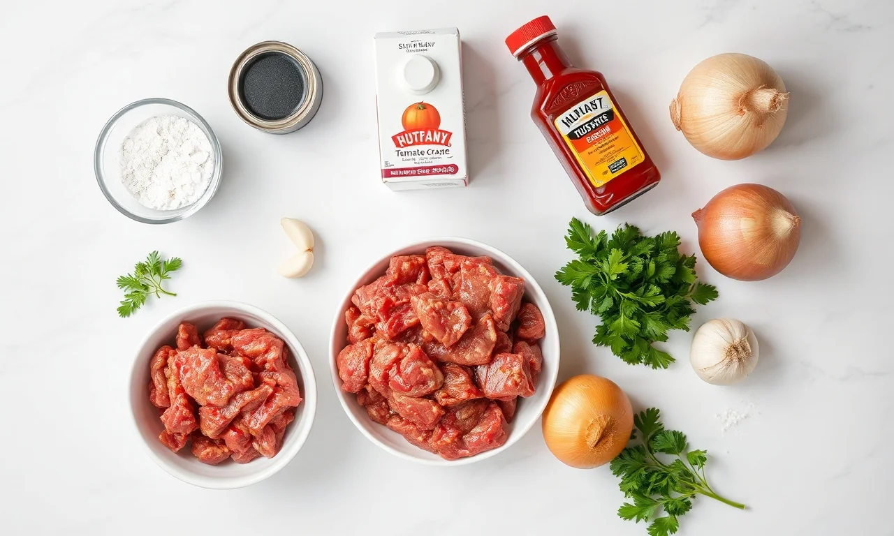 Vista de cima dos ingredientes organizados em uma superfície de mármore.