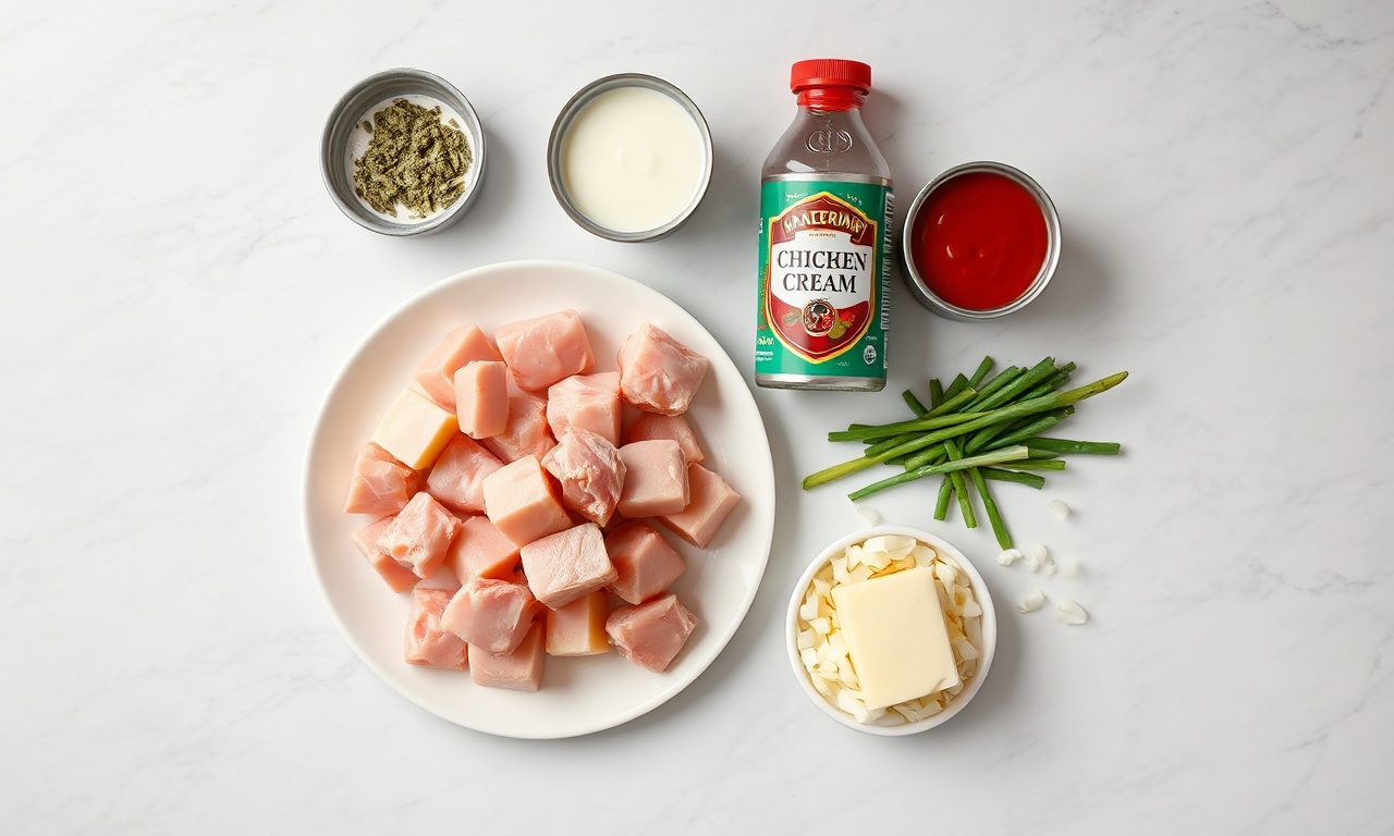 Vista de cima dos ingredientes organizados para o cálculo de 1kg de frango.