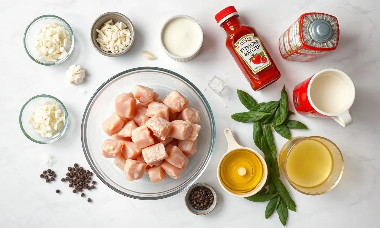 Vista de cima dos ingredientes organizados em uma superfície de mármore.