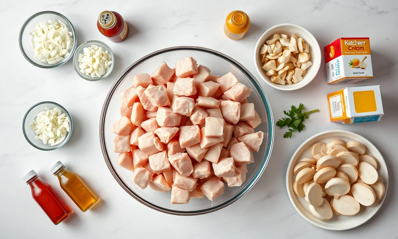 Vista de cima dos ingredientes organizados em tigelas e pratos