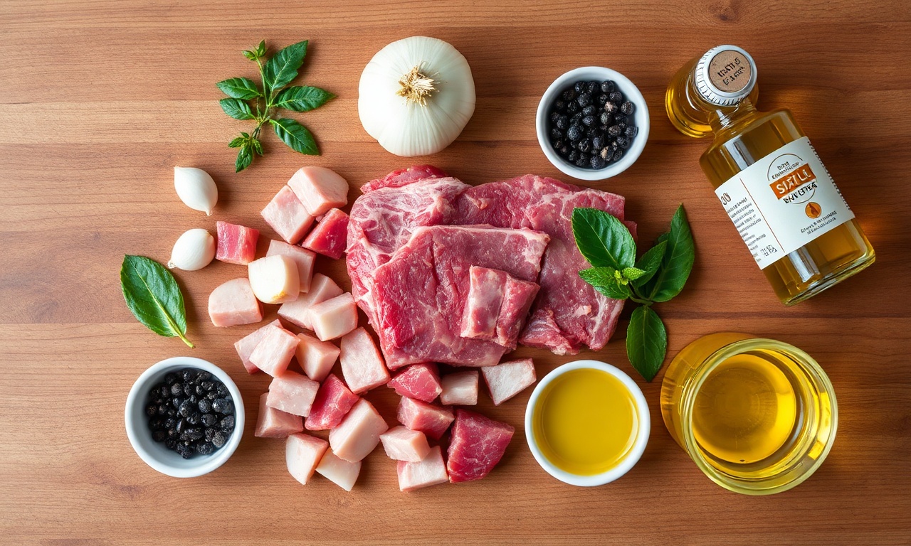 Vista de cima dos ingredientes organizados em uma superfície de madeira.