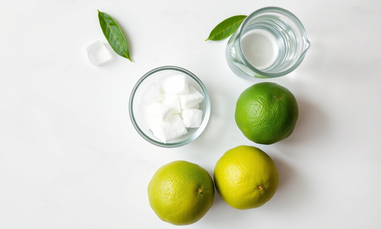 Suco De Limão Com Casca: Aromático E Pronto Em 5 Minutos 4 Vista de cima dos quatro ingredientes: limões tahiti inteiros, açúcar, água e gelo.