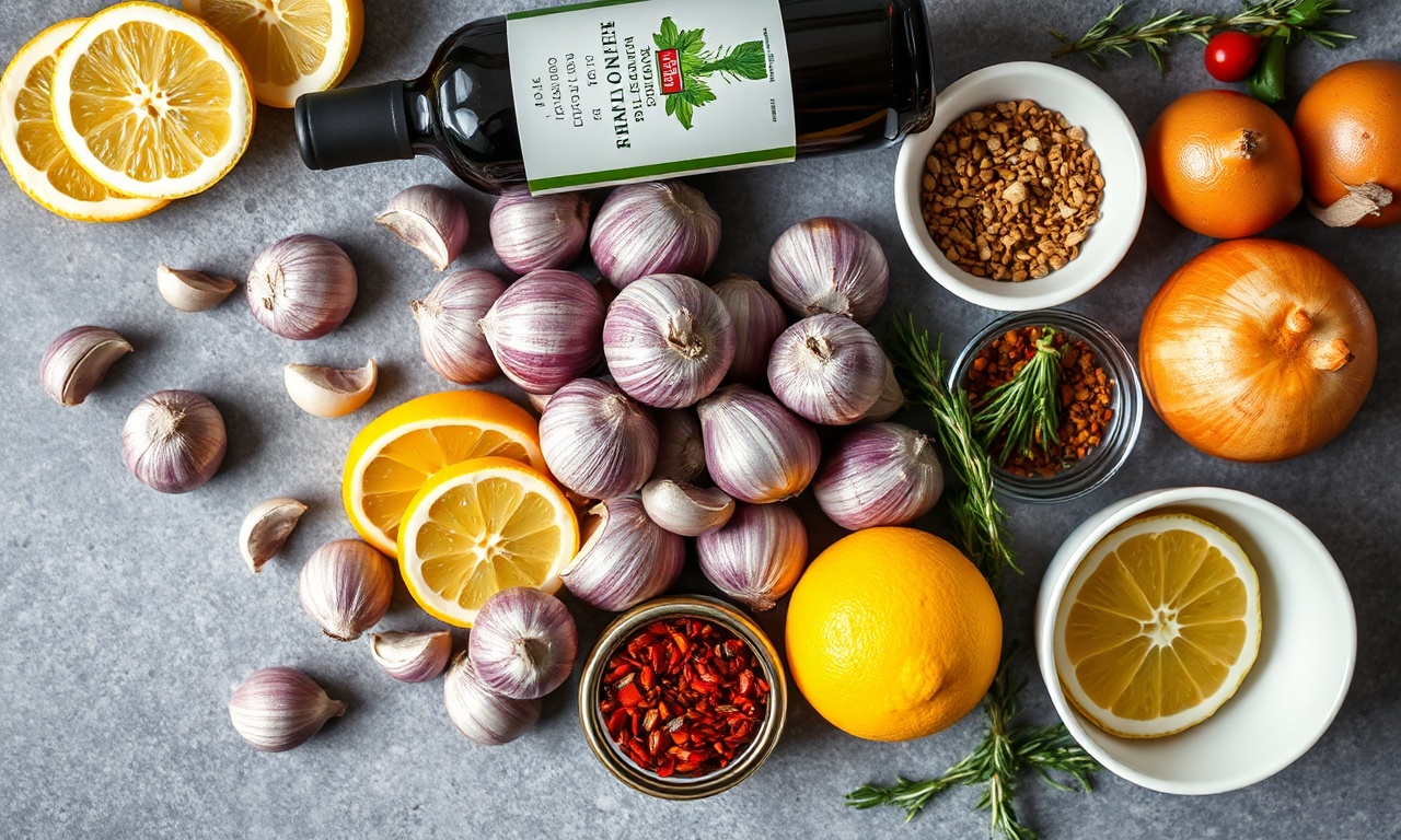 Tempero Mineiro Para Pernil: Segredo Para Carne Suculenta 4 Ingredientes frescos como alho, limões, vinho e ervas dispostos na bancada.