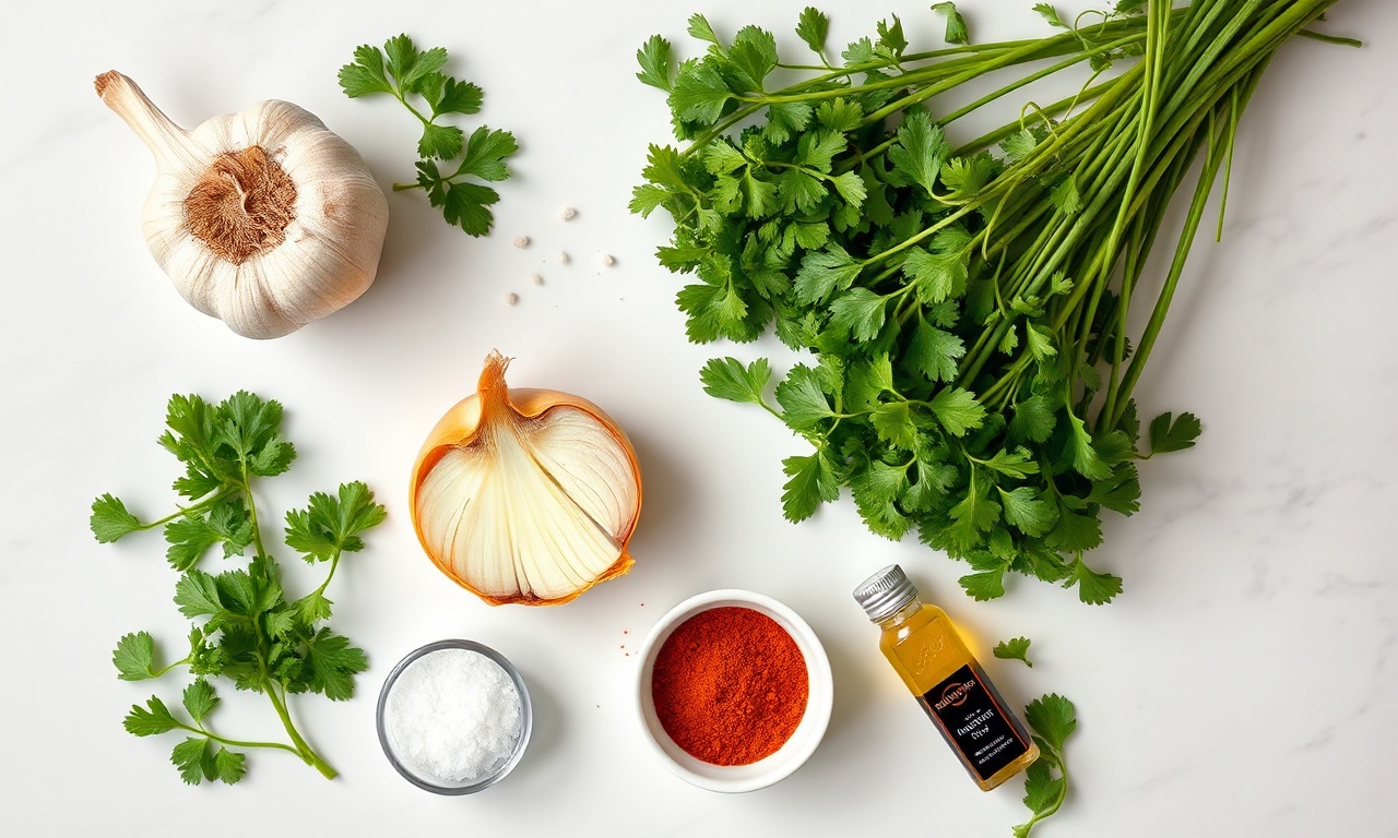 Vista de cima dos ingredientes frescos e temperos organizados para a receita.