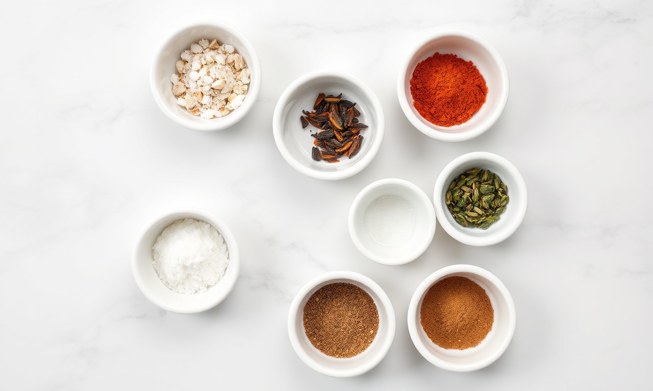 Vista de cima dos ingredientes secos organizados em tigelinhas de cerâmica branca sobre uma superfície de mármore.