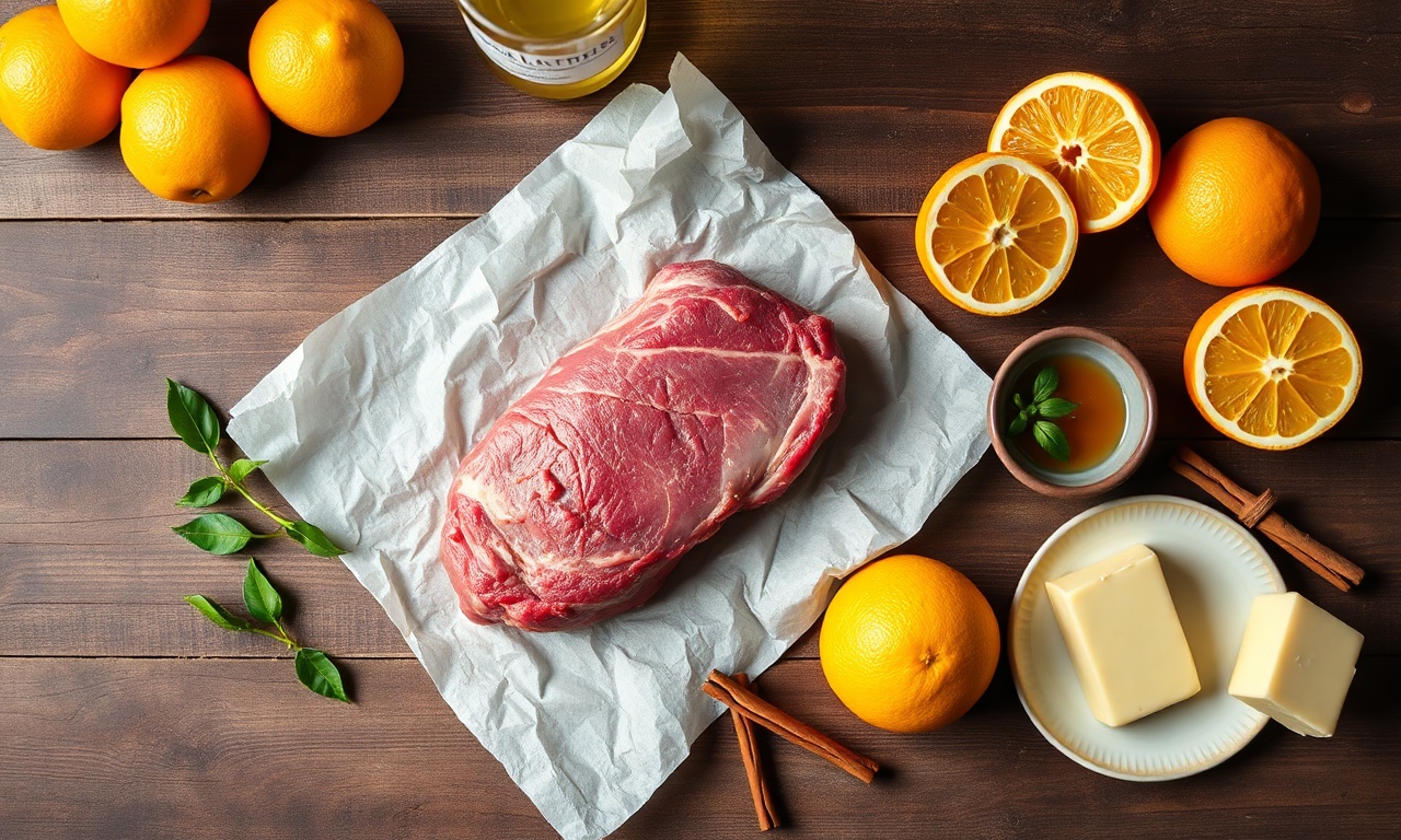 Vista de cima dos ingredientes frescos e secos para a receita, organizados sobre uma superfície de madeira.