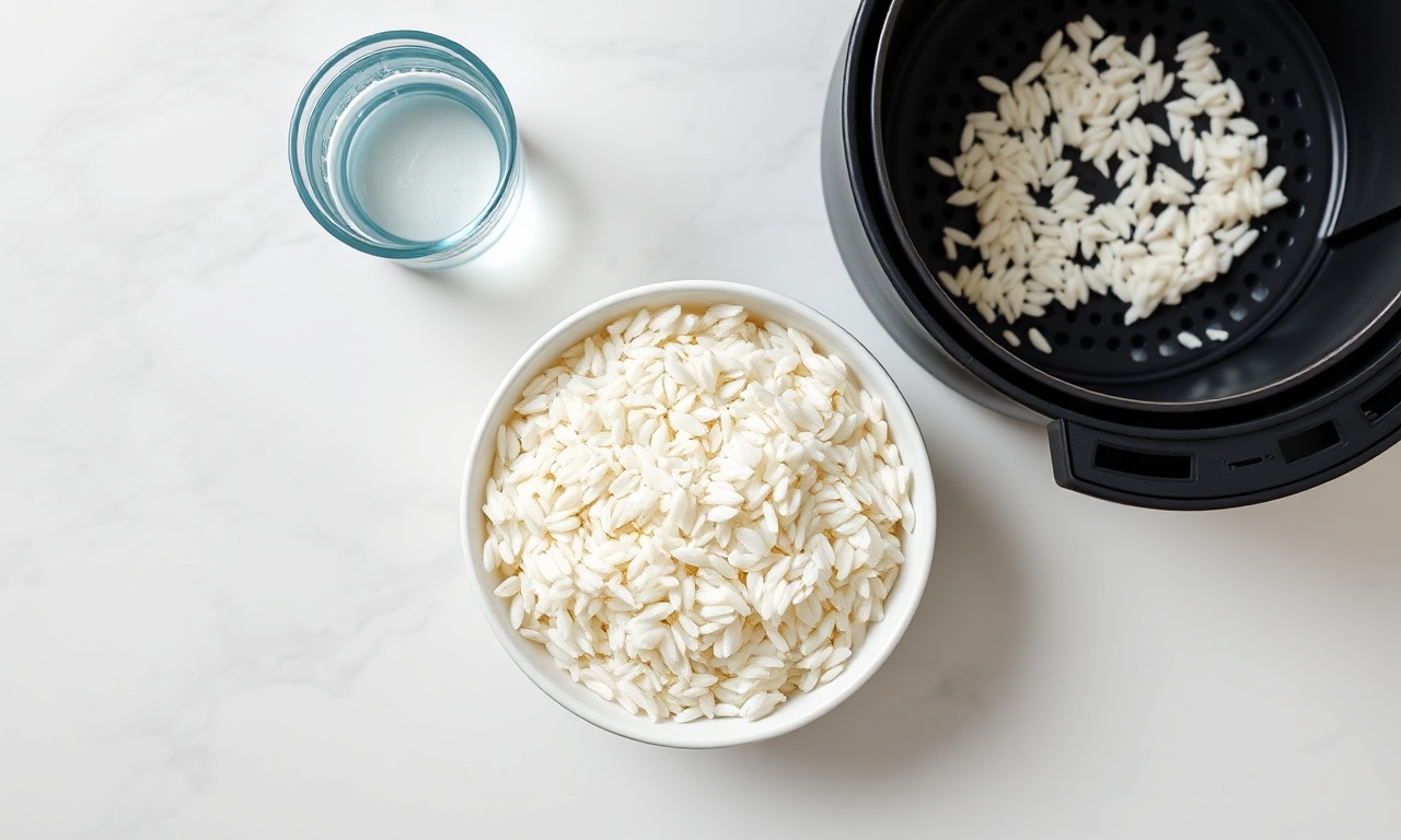 Arroz Na Airfryer: Por Que Você Nunca Deve Cozinhar Cru 4 Vista de cima dos ingredientes que seriam usados na tentativa frustrada.