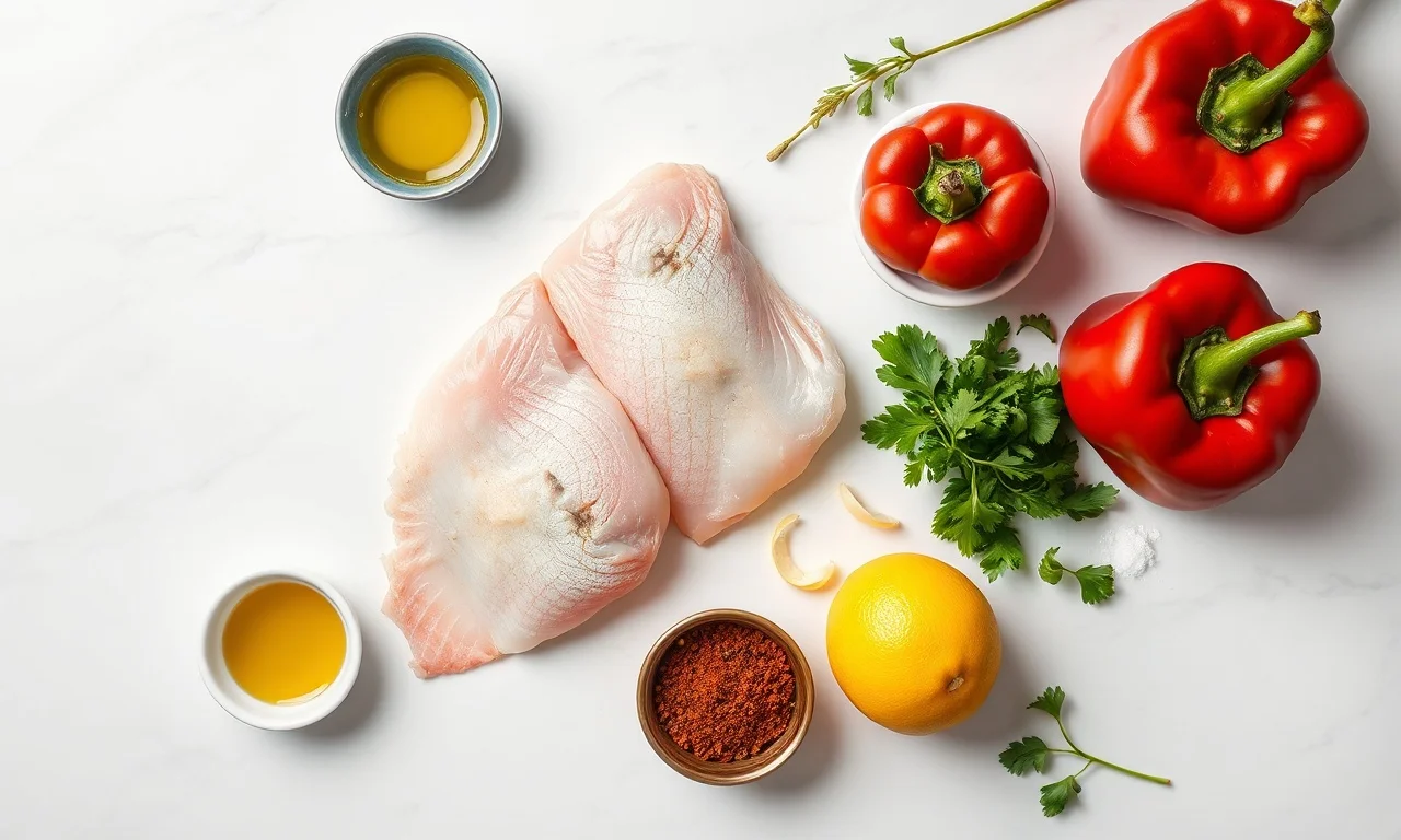 Vista de cima dos ingredientes frescos e temperos organizados para a receita.