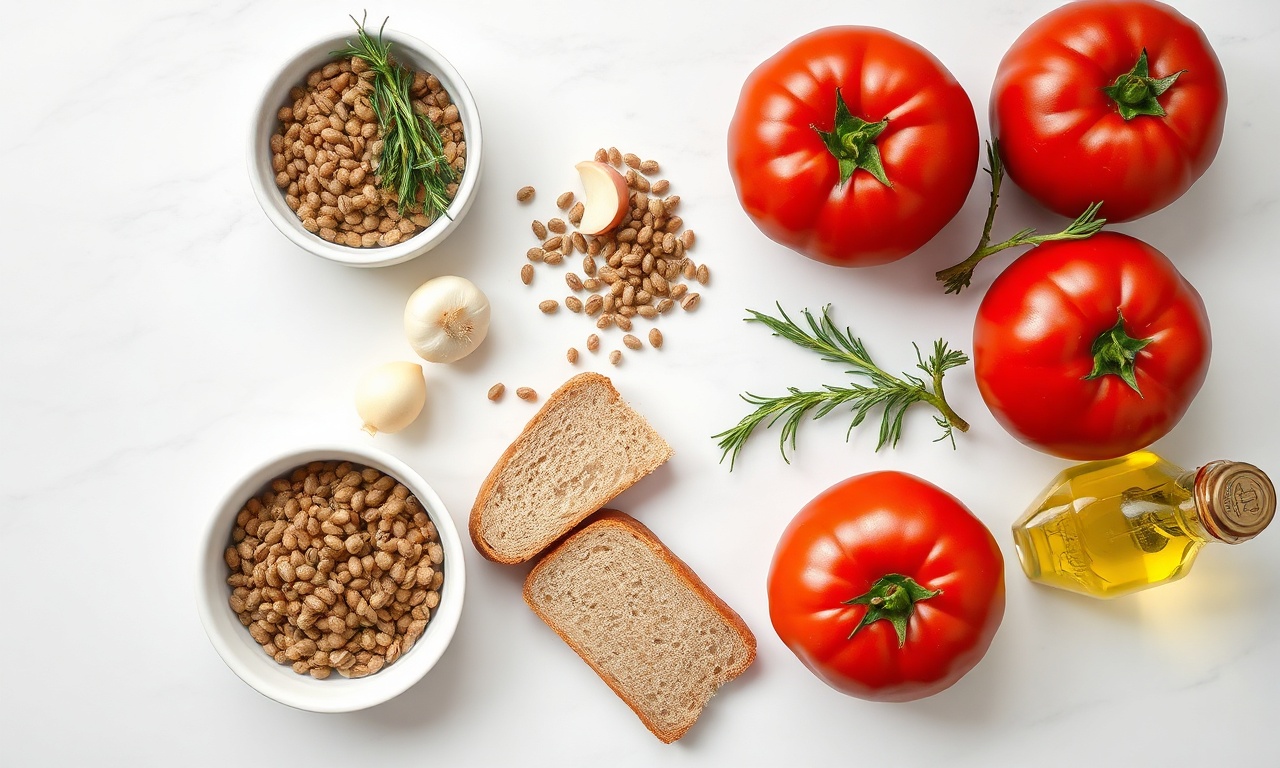 Tomate Recheado Com Lentilhas: Vegano, Saudável E Saboroso 4 Vista de cima dos ingredientes frescos e secos organizados sobre uma superfície de mármore.