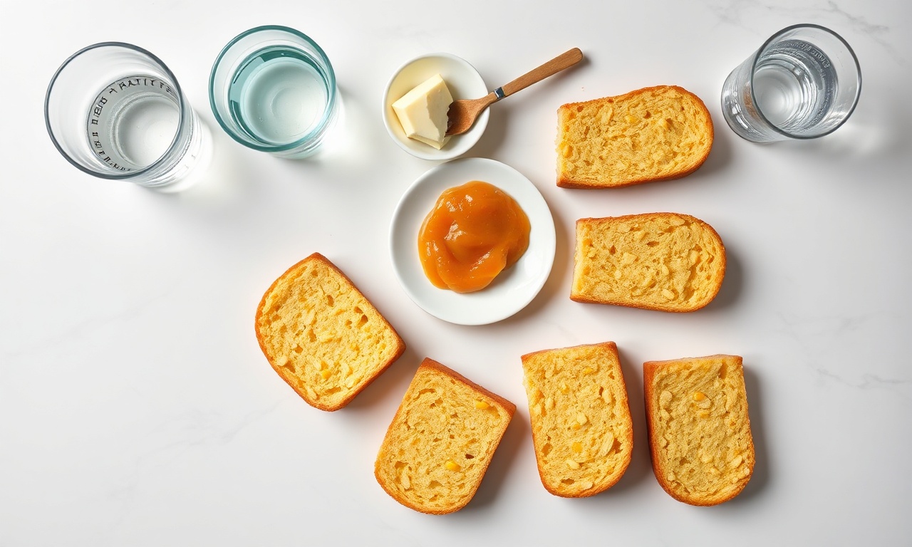 Vista de cima dos ingredientes organizados: fatias de bolo de milho, goiabada, manteiga, canela e água.