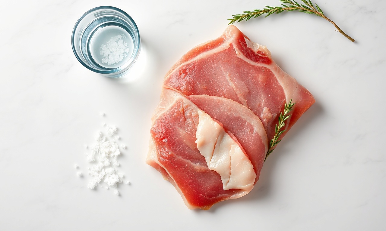Vista de cima dos ingredientes principais: fatias de barriga de porco, sal grosso e água.