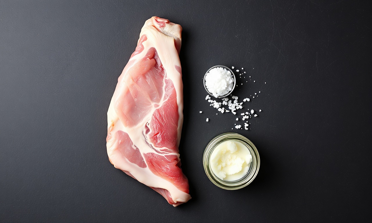 Vista de cima dos 3 ingredientes essenciais: barriga de porco, banha e sal grosso.