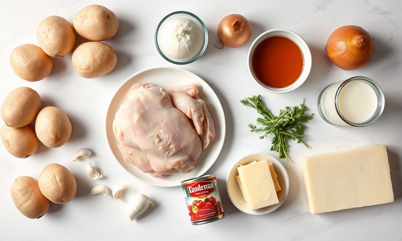 Vista de cima dos ingredientes frescos e secos organizados.