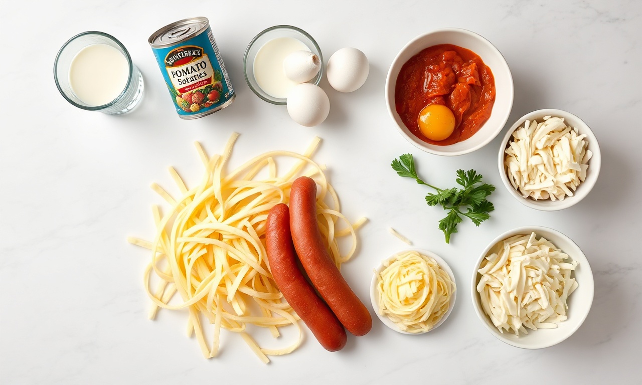 Torta De Cachorro-Quente Fácil Com Batata Palha Crocante 4 Vista de cima dos ingredientes organizados sobre superfície clara.