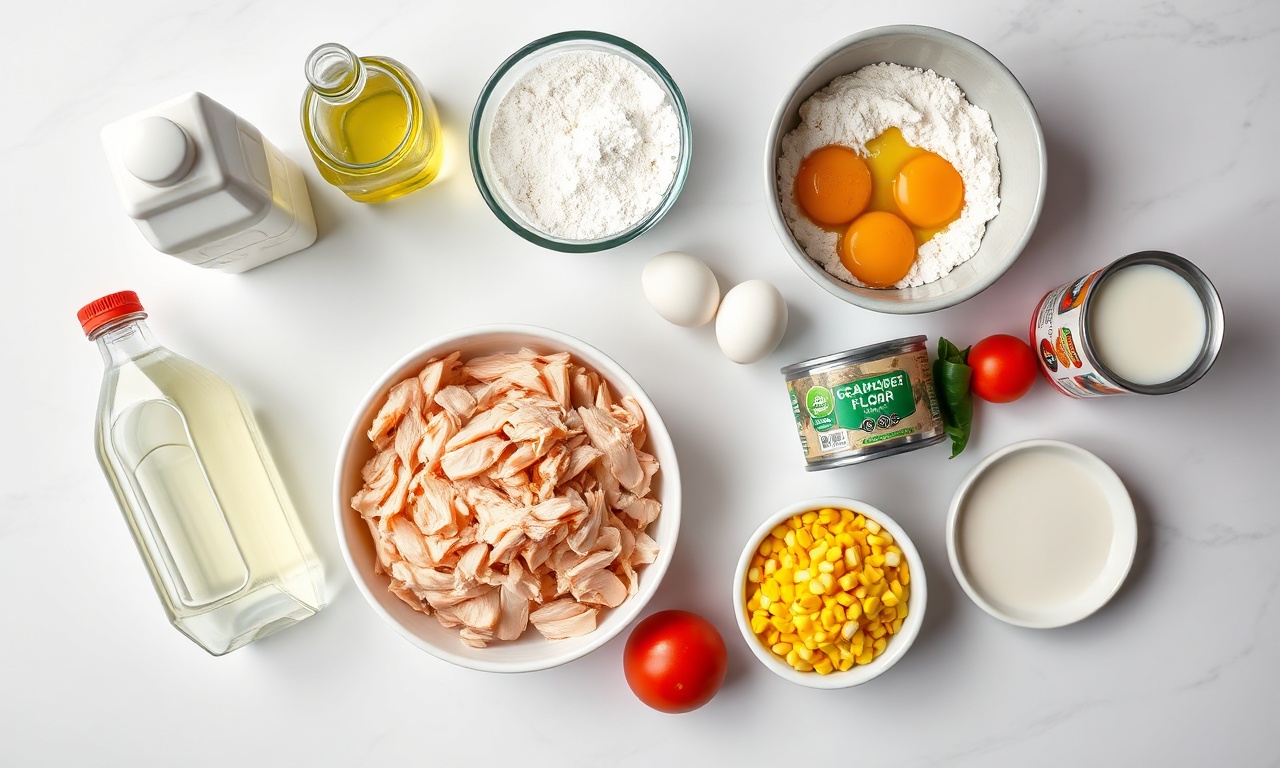 Vista de cima dos ingredientes organizados: frango desfiado, ovos, leite, farinha, creme de leite, milho e tomate.