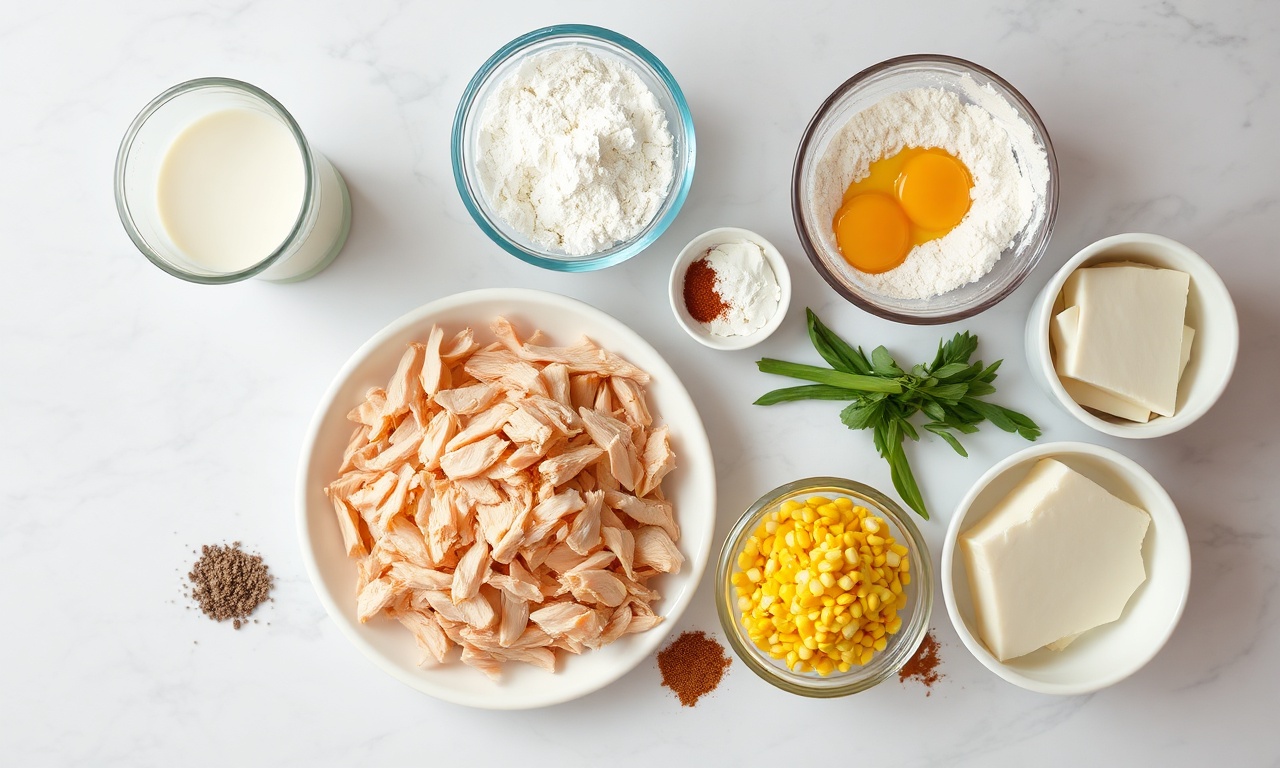 Torta De Frango Cremosa De Liquidificador: Receita Fácil 4 Vista de cima dos ingredientes organizados como frango, leite, ovos e milho