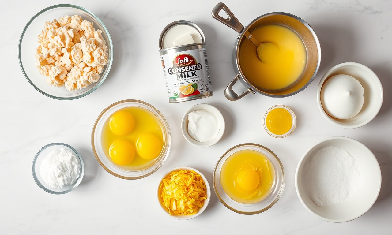 Vista de cima dos ingredientes organizados em tigelas.