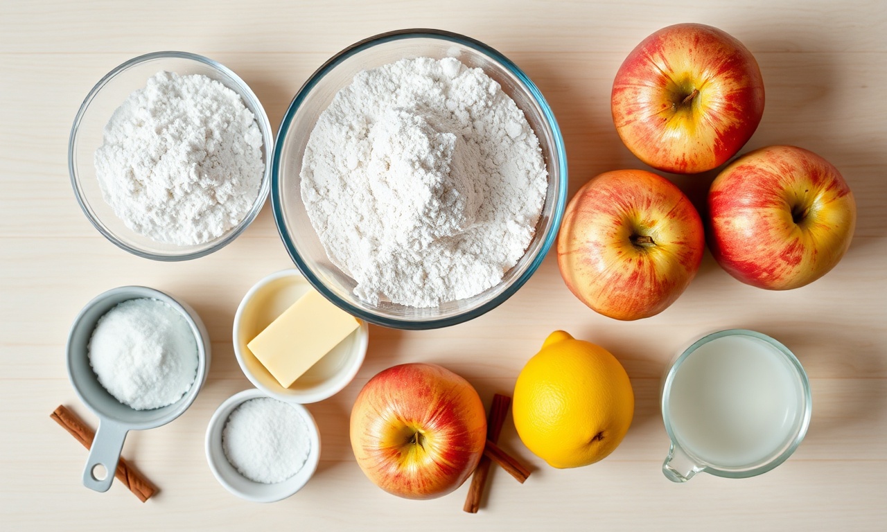 Vista de cima dos ingredientes para a torta de maçã.