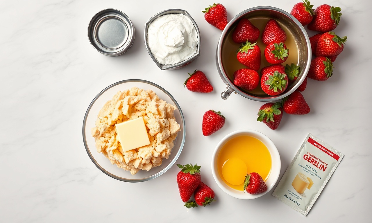 Vista de cima dos ingredientes organizados: biscoitos, manteiga, leite, morangos e gelatina.