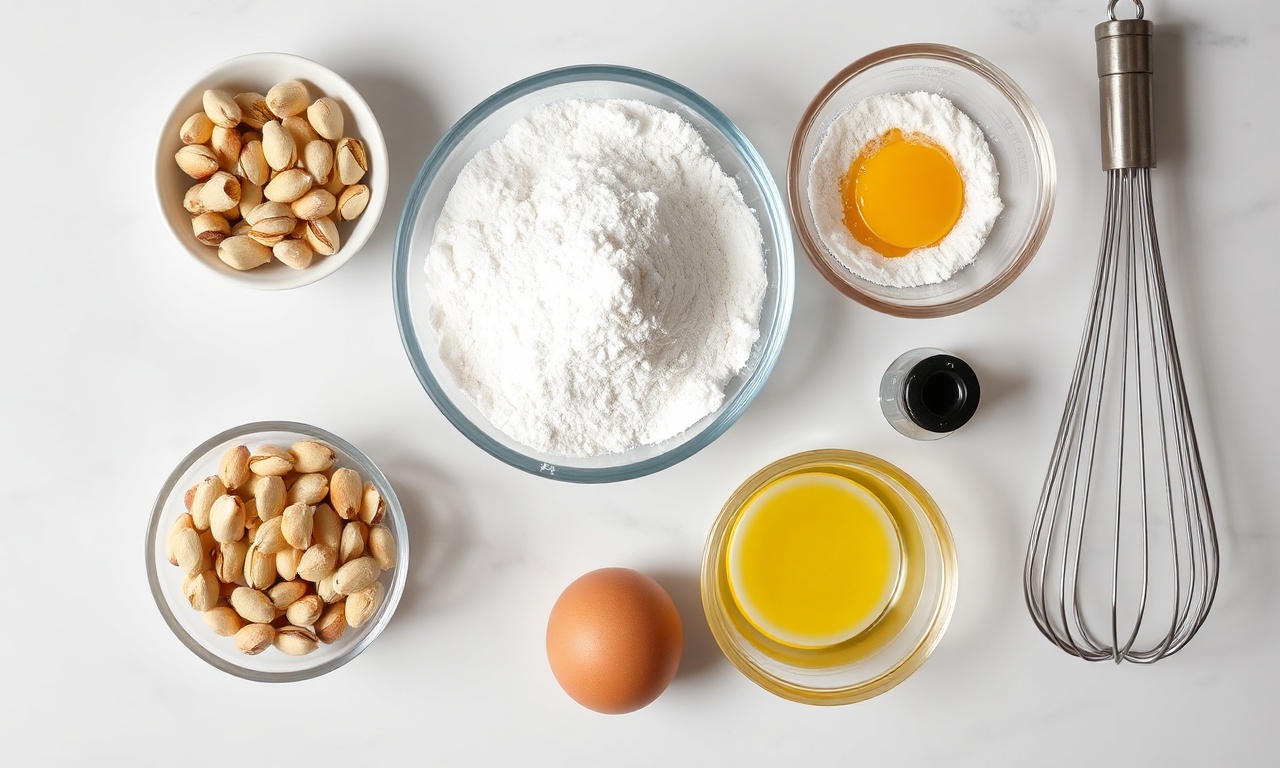 Vista de cima dos ingredientes organizados em tigelas e pratos sobre superfície de mármore.