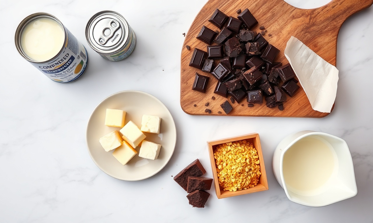 Vista de cima dos ingredientes organizados: leite condensado, manteiga, chocolate meio amargo, creme de leite e granulado.