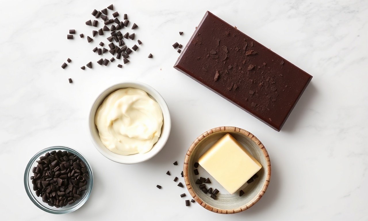 Trufa De Chocolate Cremosa E Profissional: Apenas 4 Ingredientes 4 Vista de cima dos ingredientes organizados em uma bancada de mármore branco.