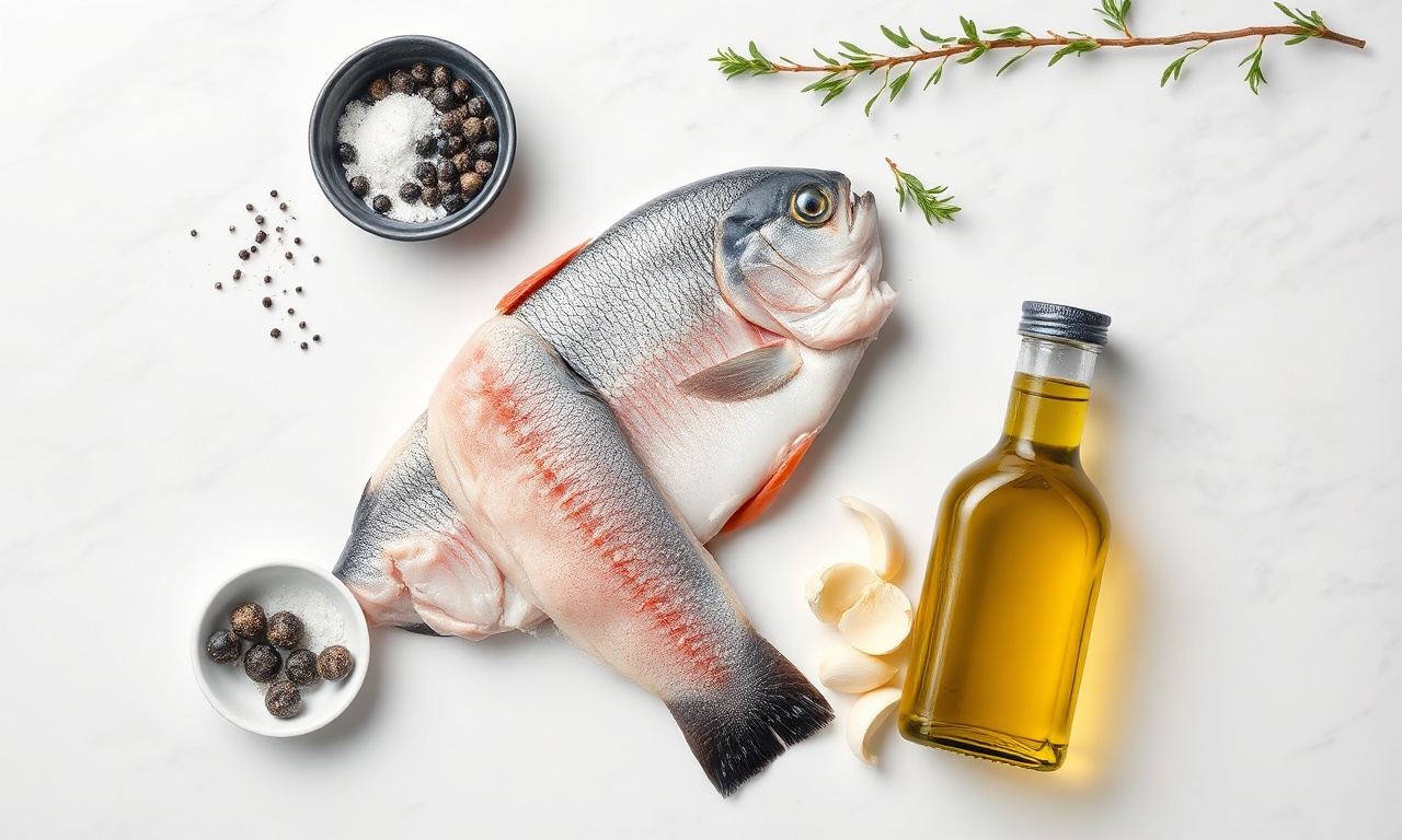 Vista de cima dos cinco ingredientes organizados sobre superfície de mármore.