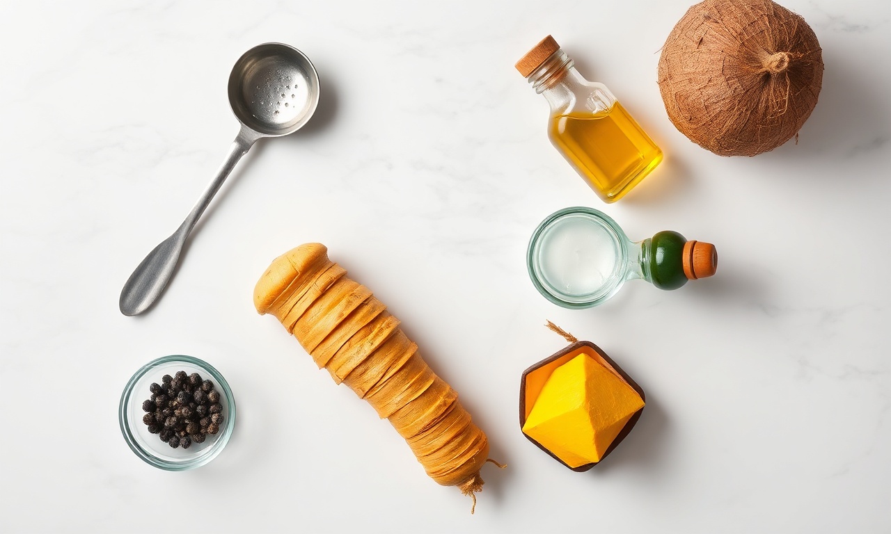 Vista de cima dos ingredientes e utensílios organizados.