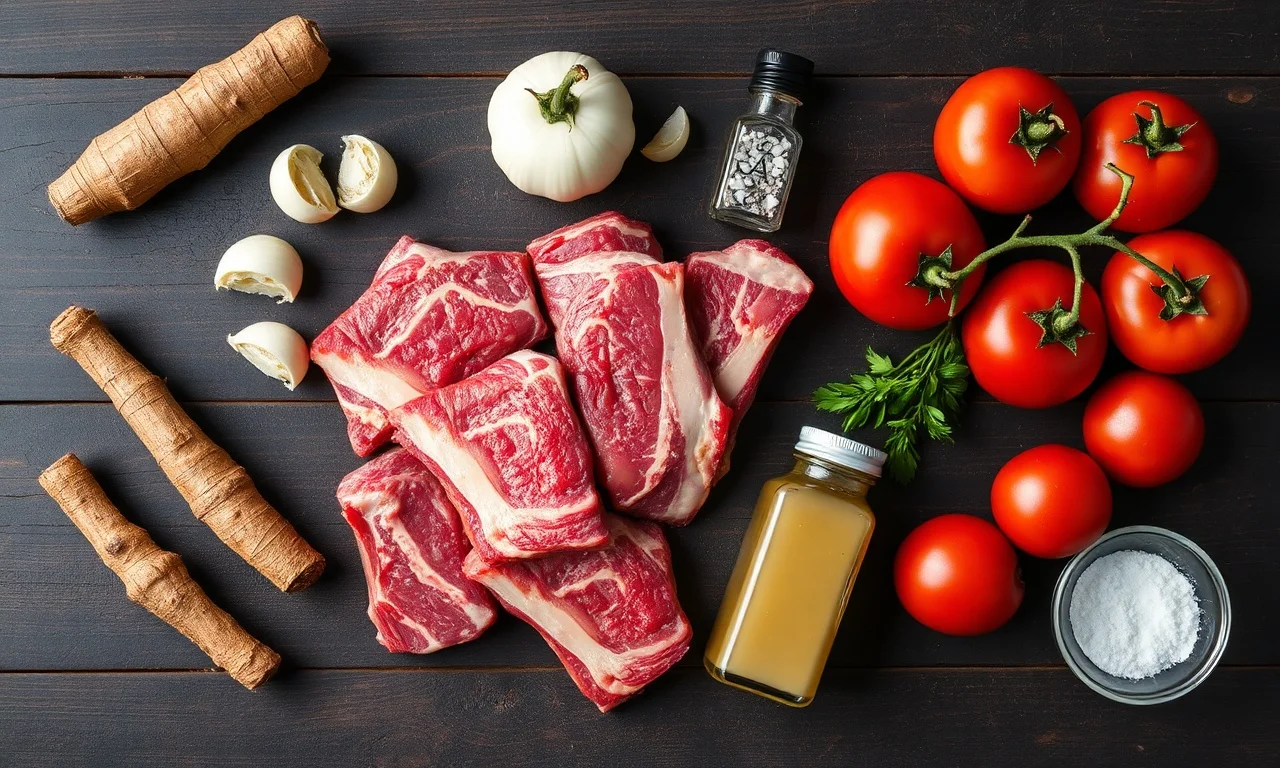 Vista de cima dos ingredientes organizados sobre superfície de madeira.