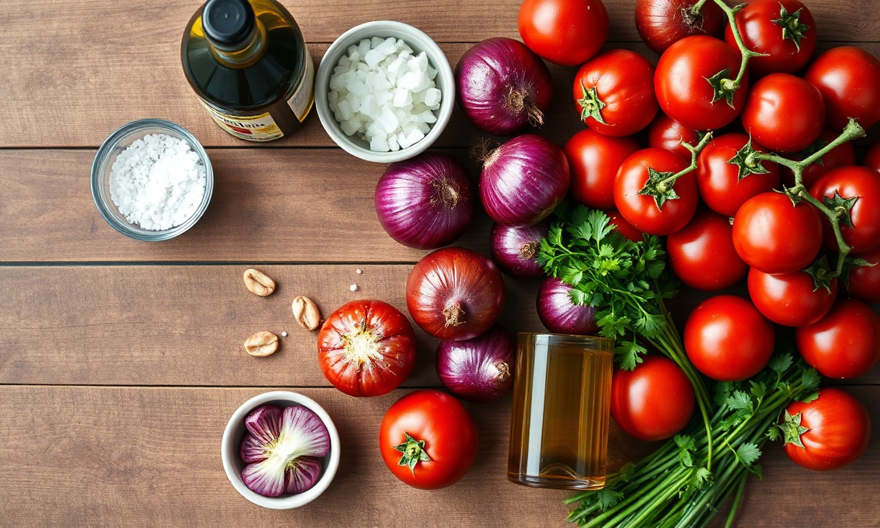 Vista de cima dos ingredientes crus organizados para a receita em grande escala.