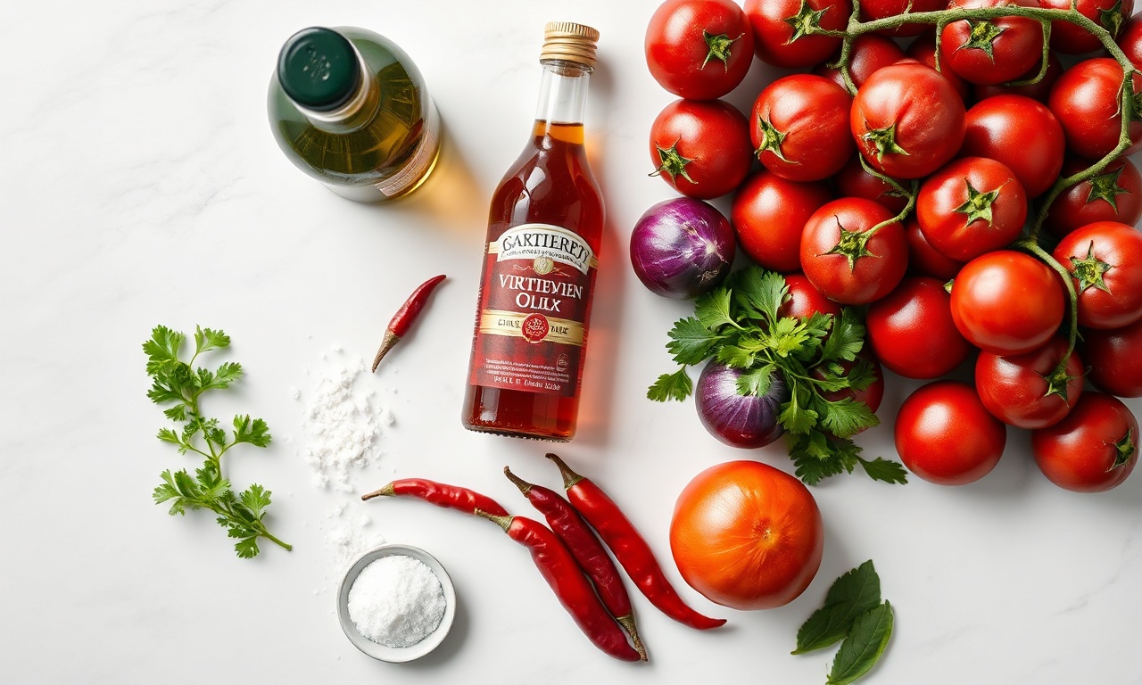 Vista de cima dos ingredientes frescos e medidos para a receita em grande escala.
