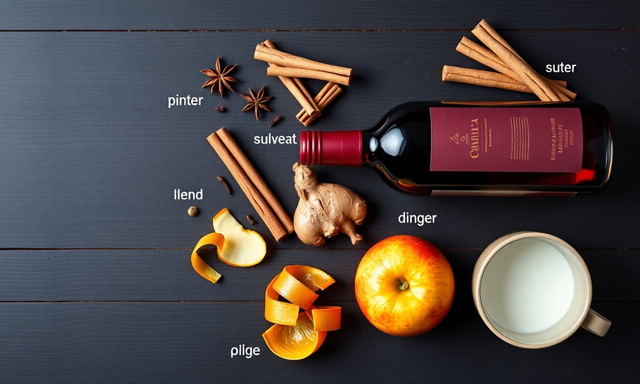 Vista de cima com todos os ingredientes organizados: garrafa de vinho, especiarias inteiras, maçã, laranja e açúcar.