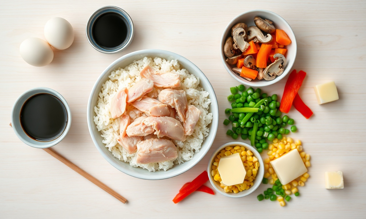 Vista de cima dos ingredientes organizados para yakimeshi.