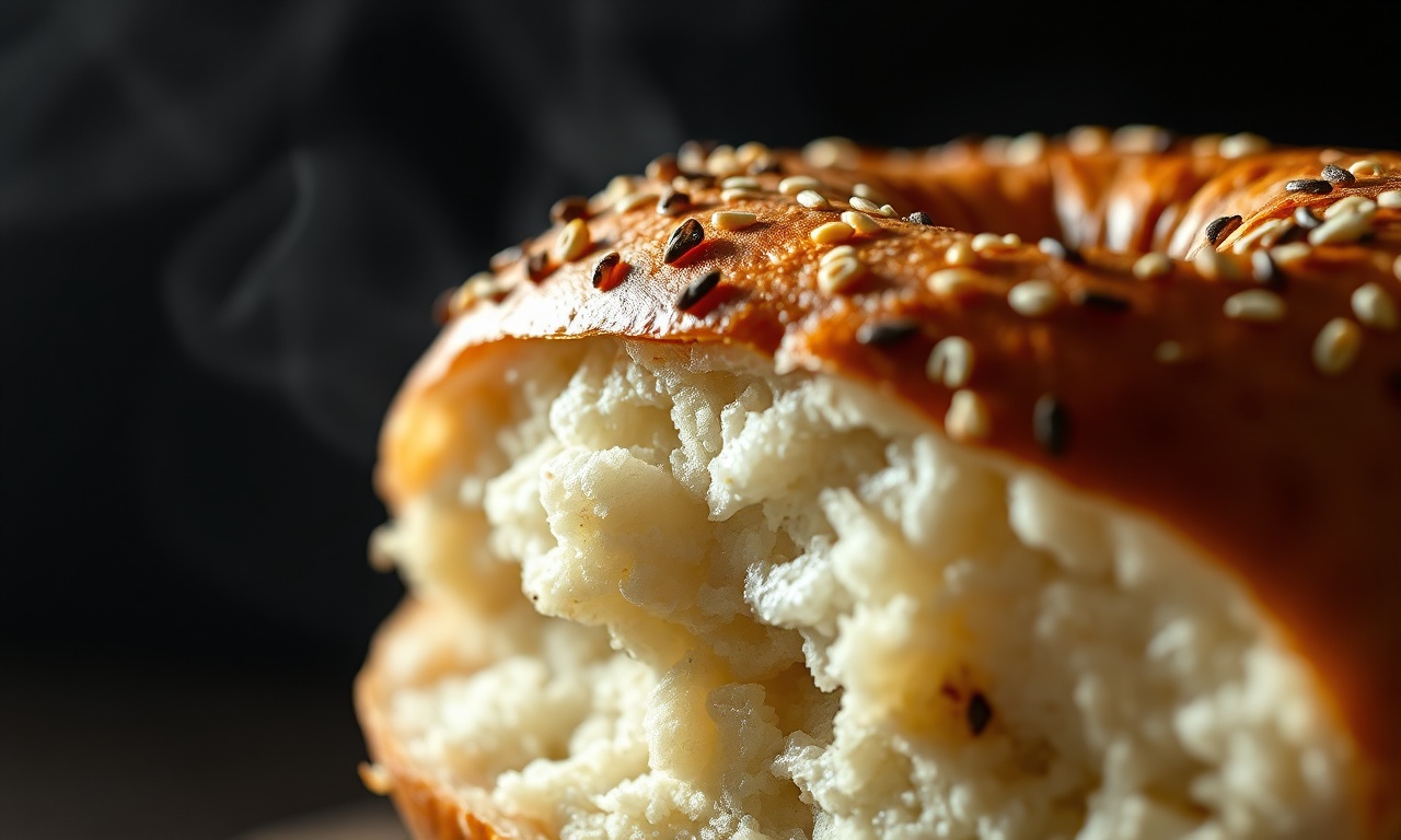 Close-up da textura macia e fofa do bagel recém-assado.