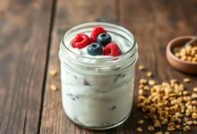 Pote de vidro transparente com iogurte grego caseiro branco e denso, acompanhado de frutas vermelhas frescas e granola.