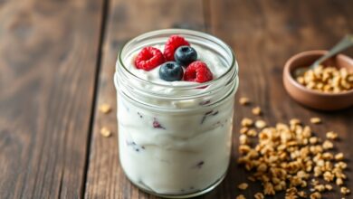 Pote de vidro transparente com iogurte grego caseiro branco e denso, acompanhado de frutas vermelhas frescas e granola.