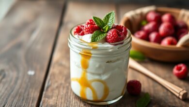 Pote de vidro com iogurte grego espesso, coberto com mel dourado e frutas vermelhas.